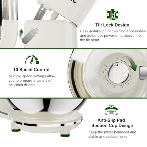 Camic Electric Stand Mixer,7.45 QT,10 Speeds with Dough Hook,Whisk, Flat Beater Attachments, Splash Guard, Easy-Carry Top Handle,3-IN-1 Kitchen Mixer for Baking Cakes Cookie Bread Salad (White)