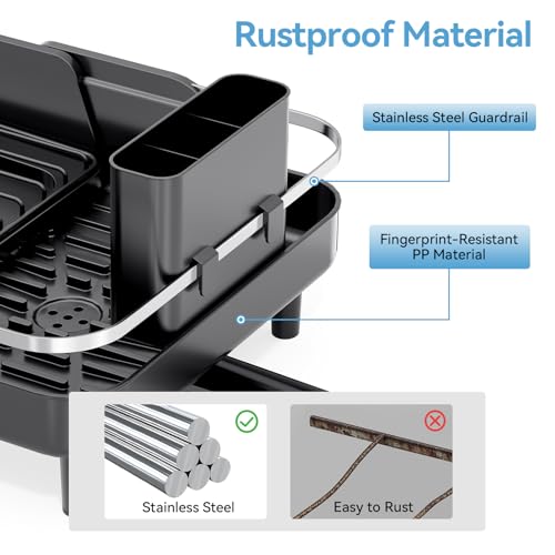 Urackify Dish Drying Rack for Kitchen Counter, Expandable Stainless Steel Dish Racks with Adjustable Water Spout, Space Saving Dish Drainer with Cutlery Holder,16.14"-23.62" L x 12.99" x 8.78",Black