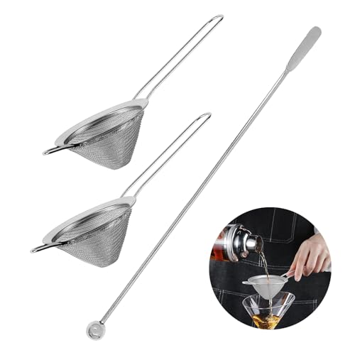 Cocktail Strainer Set, 2 Pack Stainless Steel Fine Mesh Bar Strainers with Muddler, 3.35 in Size, for Cocktails Tea Coffee Juice, Home Bar and Shaker Use