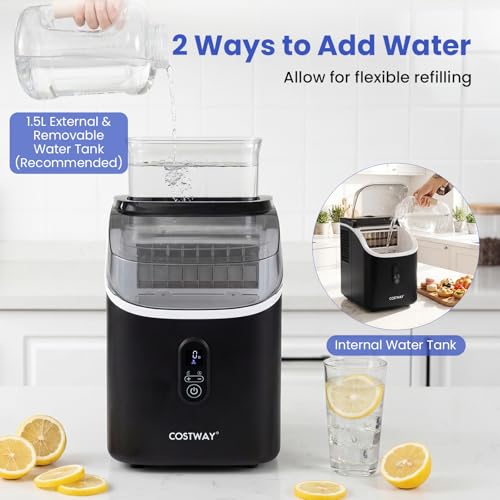 COSTWAY Countertop Ice Cube Maker with External Water Tank, 16Pcs Ready in 6 Mins, 34Lbs/24H Portable Ice Machine with 13 Thickness Levels, Self-Cleaning, 24H Reservation for Home Office Bar, Black