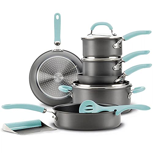 Rachael Ray 11-Piece Hard Anodized Aluminum Cookware Set, Light Blue Handles