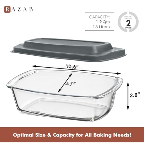 Razab LARGE 7.6 Cups/1800 ML/1.9 Qt Glass Loaf Pan with Lids (Set of 2) - Meatloaf Pan BPA free Airtight Lids Grip Handle Easy Carry, Microwave and Oven Safe - Loaf Pans For Baking Bread, Cakes