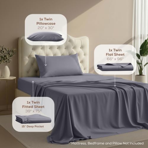 Twin Size Sheet Set – 3 Piece Bed Sheets, Soft and Breathable Microfiber, Includes 1 Fitted Sheet, 1 Flat Sheet and 1 Pillowcase – Oeko Tex (Grey)