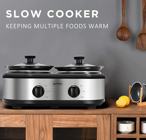Sunvivi Dual Slow Cooker, Buffet Server and Food Warmer, Small Mini Pot with 3 Adjustable Temp & 2 Visible Glass Lids, for Parties, Holidays and Entertaining, Stainless Steel, 2 * 1.25 Quarts