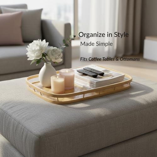 PEMAR Set of 4 Natural Bamboo Trays for Eating - Hand-Woven Handcrafted Rectangular Serving Trays with Handles - Unique Stackable Lap Trays for Dinner, TV Trays for Couch, Farmhouse Decor