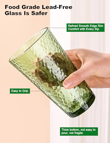 Amyoole Drinking Glasses Set of 8,16oz Green Highball Water Glasses,Stackable Lead-Free Hammered Glass Cups,Kitchen Drinkware Glassware for Cocktail,Beer,Juice,Iced Tea,Margaritas and Mixed Drinks