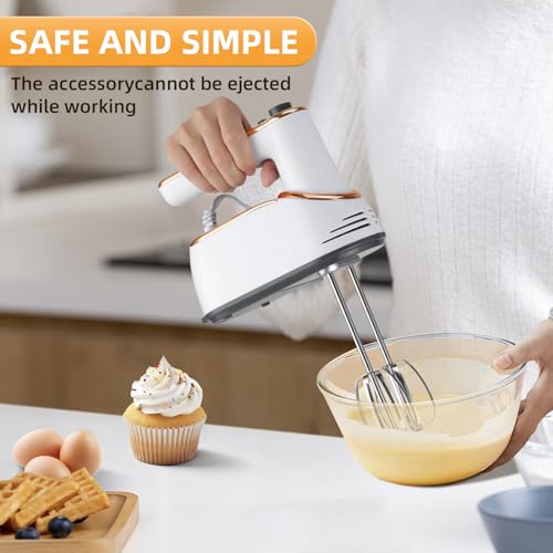 GELANGS Hand Mixer, 5-Speed Electric with Turbo Boost, White, Copper Motor, 400W, Dishwasher-Safe Attachments for Baking, Whipping, Dough