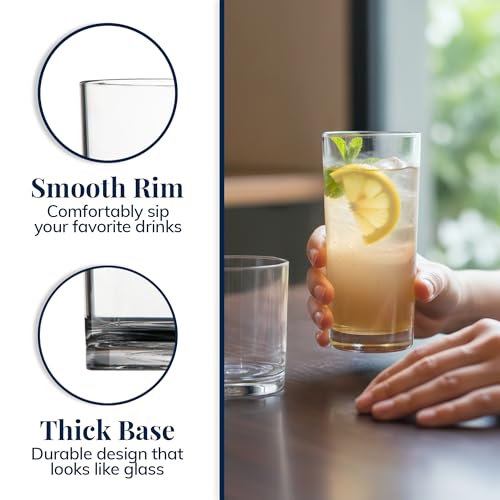 US Acrylic Classic Clear Plastic Reusable Drinking Glasses (Set of 8) 12oz Rocks & 16oz Water Cups | BPA-Free Tumblers, Made in USA | Top-Rack Dishwasher Safe