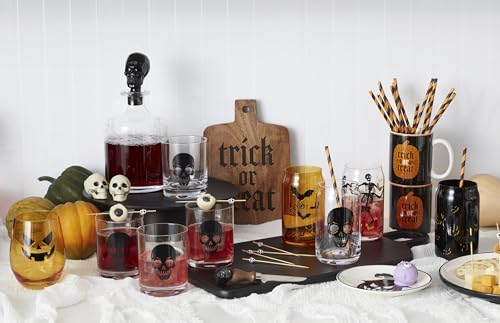 Oneida Barware, Vintro Halloween Can Cooler Glasses, Set of 4, Dishwasher Safe, Made of Glass, Spooky Drinking Glasses Set, Halloween Decor Indoor, Skeletons and Bats Design (4 Piece, 16 Oz Capacity)