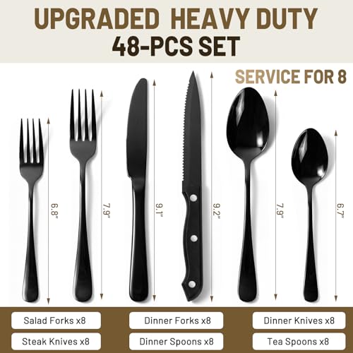 48 PCS NO-FADING Black Silverware Set with Steak Knives - KIKCOIN Food-Grade Stainless Steel Flatware Set for 8 - Mirror Polished Cutlery Set, Titanium Black Finish, Rust Resistant & Dishwasher Safe