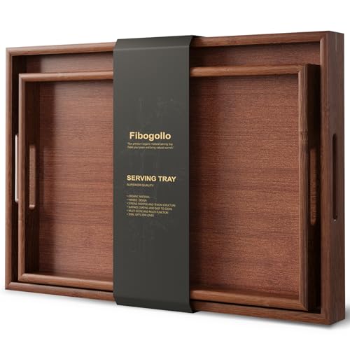 Fibogollo Bamboo Set of 2 Serving Tray with Handles,Decorative Trays Platter,Breakfast Tray in Bed,Food Drinks Tray for Eating,Working,Storing(Brown)