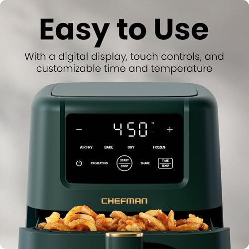 Chefman Air Fryer – 4-in-1 Slim 3.5 QT Airfryer, Air Fry, Bake, Dehydrate, Frozen, 450°F Max Temp for Extra Crispy Results in Minutes, Nonstick Ceramic Coating, Dishwasher-Safe Accessories - Green