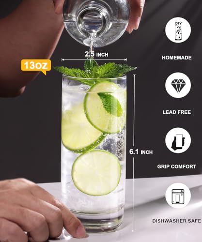 Echubao Highball Glasses Set of 6, 13oz Lead-Free Crystal Drinking Water Glasses, Clear Tall Glass Cups for Cocktail Parties & Daily Use