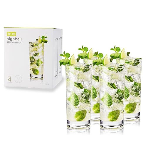 True Highball Glasses, Tall Glass Tumbler for Cocktails, Mojito Iced Tea Juices, Soda Water Drinking Cups, Kitchen Glassware, Home Bar, 11 oz Set of 4