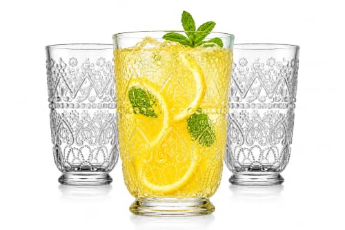 MosJos Set of 4 Vintage Beaded Highball Glasses, Clear Drinking Glasses 16 Ounce Elegant Drinking Glassware with Embossed Textured Decor Pattern Premium Sturdy Glass Cups