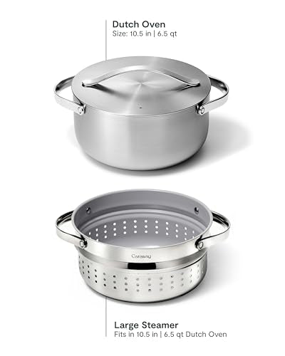 Caraway Stainless Steel Dutch Oven (6.5 Qt) & Steamer - 5-Ply Stainless Steel - Oven Safe & Stovetop Agnostic - Non Toxic, PTFE & PFOA Free