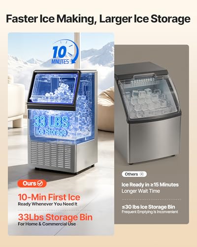 VEVOR Commercial Ice Maker Machine, 120 lbs/24H Ice Production, 33 lbs Storage Bin, 45 Cubes per Cycle, Stainless Steel Under Counter & Freestanding Ice Maker with LED Display, for Home Bar Restaurant