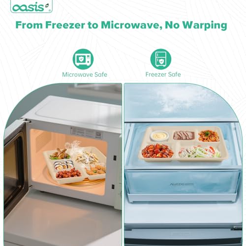 OasisSN 10x8 128-Pack 5-Compartment Divided Plates, Ideal for Light Meals, Kids Lunch, Meal Prep & Party, Heavy Duty Compostable Bagasse Plates, Microwave Safe, Natural