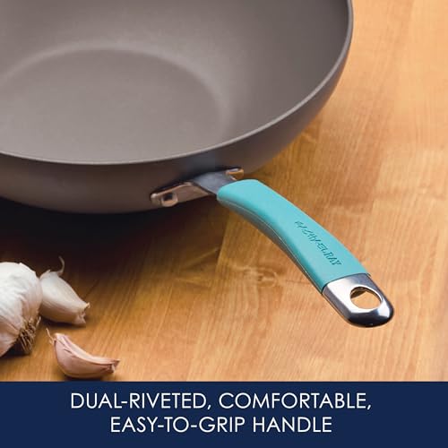 Rachael Ray Cucina Hard-Anodized Nonstick Covered Stir Fry Pan, 11-Inch, Gray, Agave Blue Handles