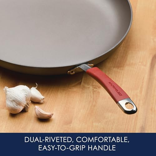 Rachael Ray Cucina Hard-Anodized Nonstick Frying Pan, Gray with Cranberry Red Handles, 14 Inch Pan