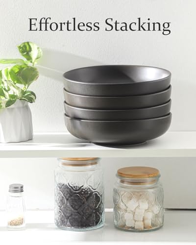 Tikooere Stoneware Pasta Bowls, 34 oz Large Salad Bowl Set of 4, Ceramic Serving Bowls for Ramen, Pasta, Fruit, Cereal, Dinner, Wide and Shallow Bowls, Microwave & Dishwasher Safe, Matte Black