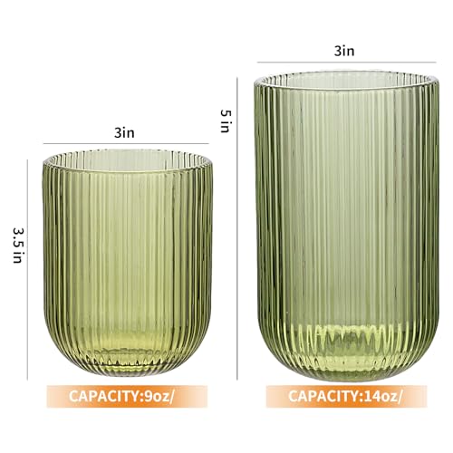 WeirdUncle Set of 8 Ribbed Glassware,4 Highball Glasses 14oz & 4 Rocks Drinking Glasses 9oz, Green, Origami Style, Fluted Design, for Milk, Water, Cocktail, Juice, Beer, ToothBrush Cup, Gift