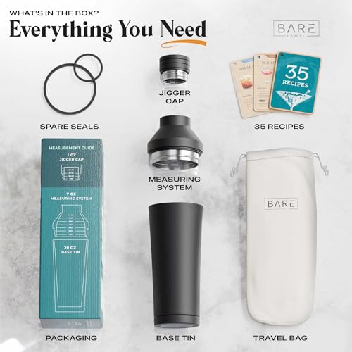 BARE BARREL Insulated Cocktail Shaker Set | Double Wall Stainless Steel | Martini Shaker for Home Bar Bartending | Built-in Drink Measure System & Strainer, Travel Bag, Recipes | Gift Set (Matt Black)