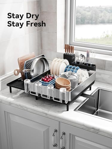 SUNLY Large Dish Drying Rack, Expandable Dish Racks for Kitchen Counter, Space Saving 304 Stainless Steel Drying Rack Kitchen, Extra Large Drainer with Multifunctional Flip Up Pegs, Black