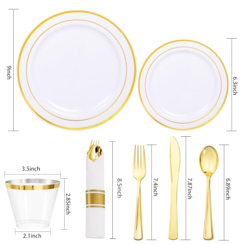 WDF Partyware 350Piece Gold Dinnerware Set for 50 Guests - Gold Plastic Plates with Disposable Cutlery - 50Dinner Plates-50Dessert Plates-50Pre Rolled Napkins with Silverware for Wedding/Birthday