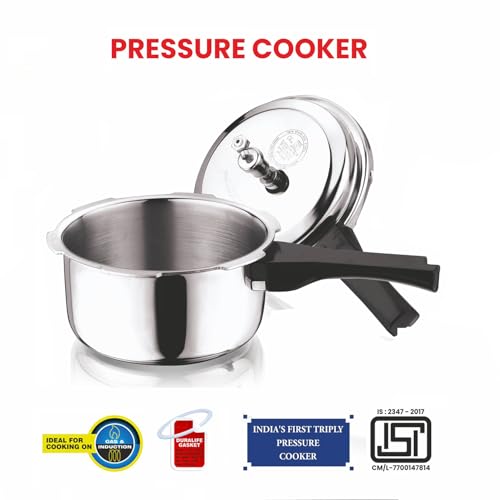 Vinod Platinum Triply Stainless Steel Outer Lid Pressure Cooker -68 oz , Induction Friendly, ISI Certified, Small Pressure Cooker for Quick Meals, Silver