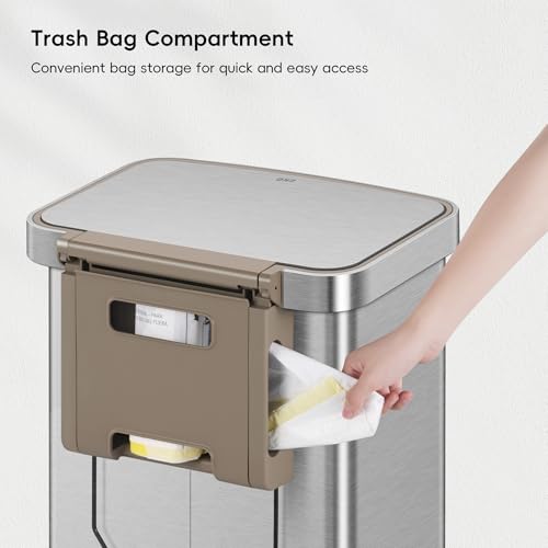 EKO Hudson Matte Stainless 50 Liter/13.2 Gallon Step Trash Can with Rear Trash Bag Storage Compartment