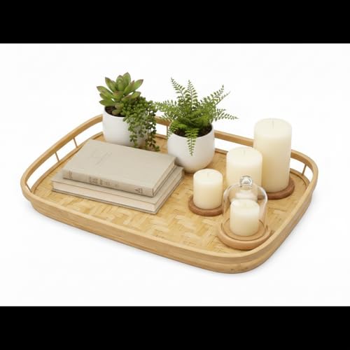 PEMAR Set of 4 Natural Bamboo Trays for Eating - Hand-Woven Handcrafted Rectangular Serving Trays with Handles - Unique Stackable Lap Trays for Dinner, TV Trays for Couch, Farmhouse Decor