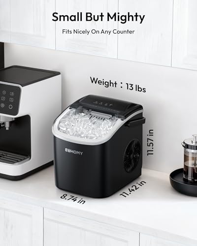 EUHOMY Countertop Ice Maker Machine with Handle, 26.5lbs Per Day, 9 Ice Cubes Ready in 6 Mins, Auto-Cleaning Portable Ice Maker with Basket and Scoop, for Home/Kitchen/Camping/RV (Black)