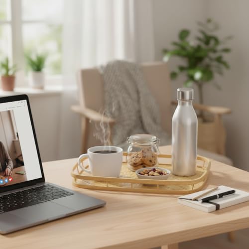 PEMAR Set of 4 Natural Bamboo Trays for Eating - Hand-Woven Handcrafted Rectangular Serving Trays with Handles - Unique Stackable Lap Trays for Dinner, TV Trays for Couch, Farmhouse Decor
