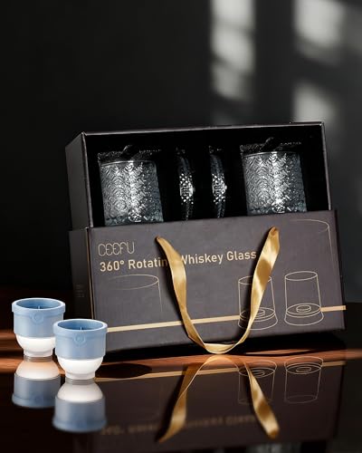 CEEFU Old Fashioned Whiskey Glasses with 360° Rotating Base, Set of 2 (2 Crystal Glasses Set, 2 Big Ice Ball Molds) In Gift Box - Bourbon, Cocktail, Rocks, Bday Gifts Ideas for Men, Snowflake Pattern