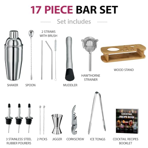 Cocktail Shaker Set - 17 Piece Stainless Steel Mixology Bartender Kit, Drink Martini Shaker, Home Bar Accessories, Cocktail Kit, Stainless Steel Bar Set, Shakers Bartending
