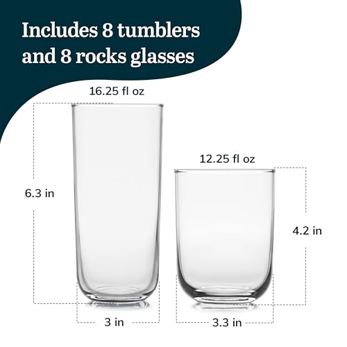 Libbey Polaris Tumbler and Rocks, Axis Glass Cups Set of 16, Elegant Mixed Drinking Glasses with Modern Clean Lines, Dishwasher Safe Glassware Set