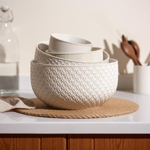 KooK Ceramic Mixing Bowls, Nesting Set of 4, Embossed Kitchen Dishware, Prep, Serving, Gift, Microwave and Dishwasher Safe, 20/44/98/145 oz, Narbonne Collection (Ivory)