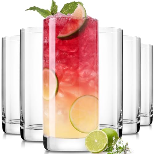 LUNA & MANTHA Drinking Water Glasses Set, Lead-Free Crystal Highball Glass, Tall Glass Cups for Cocktail Parties,Clear set of 6,13oz