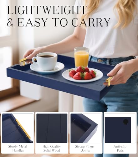 SXNOWS Coffee Table Tray - Large Ottoman Tray for Living Room - Wood Serving Tray with 2 Sets of Handles - Wooden Trays for Coffee Tables, 4 Round Coasters Included, Deep Blue