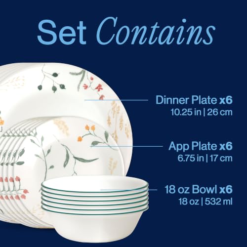 Corelle Vitrelle 18 Piece Glass Dinnerware Sets Service for 6, Triple Layer Chip & Crack Resistant Glass Plate and Bowl Sets, Wildflower