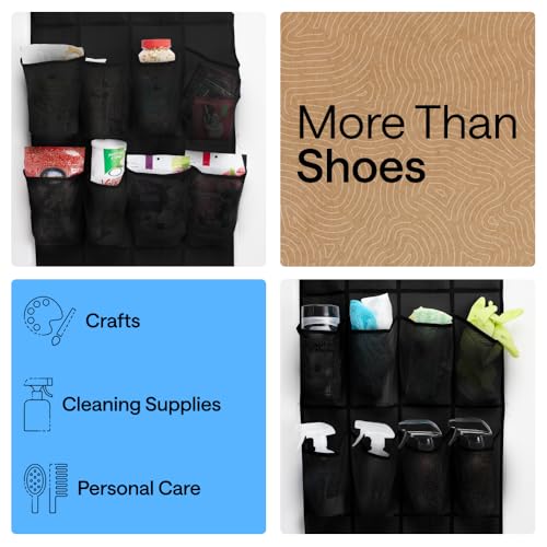 GORILLA GRIP Over the Door Shoe Organizer, 24 Large Breathable Mesh Pockets, Space Saving Hanging Storage Holder, Closet Rack Hanger Holds Up to 40 lbs, Hangs on Closets for Shoes, Accessories, Black