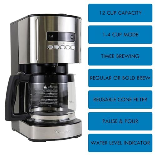 Kenmore Drip Coffee Maker - 12 Cup Programmable Cafe Machine With Glass Pot, Regular & Bold Brew, Auto Shut Off Large Water Reservoir, Reusable Filter, Kitchen Appliances For Cafeteria Barista, Black