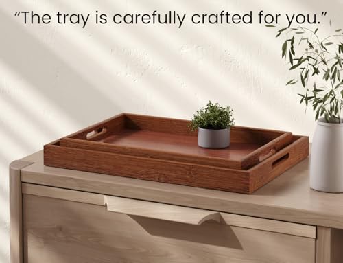 Fibogollo Bamboo Set of 2 Serving Tray with Handles,Decorative Trays Platter,Breakfast Tray in Bed,Food Drinks Tray for Eating,Working,Storing(Brown)