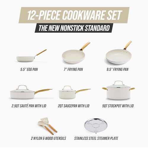 Blue Diamond 12 Piece Nonstick Cookware Set, Diamond Ceramic Pots & Pans, Dishwasher & Metal Utensil Safe, Non Toxic PFAS-Free, Kitchen Cooking Sauce & Saute Pans, Oven & Broiler to 600F, White