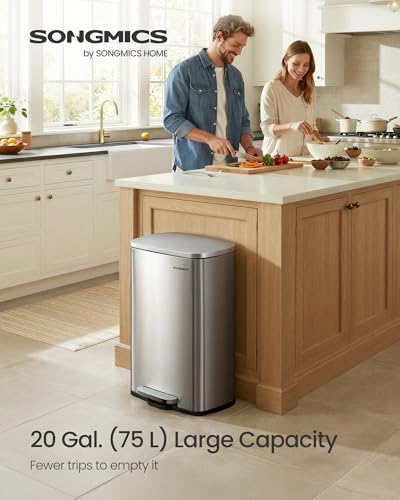 SONGMICS 20-Gallon (75 L) Trash Can, Stainless Steel Kitchen Garbage Can, Recycling or Waste Bin, Soft Close, Step-On Pedal, Removable Inner Bucket, Silver ULTB075EZ01