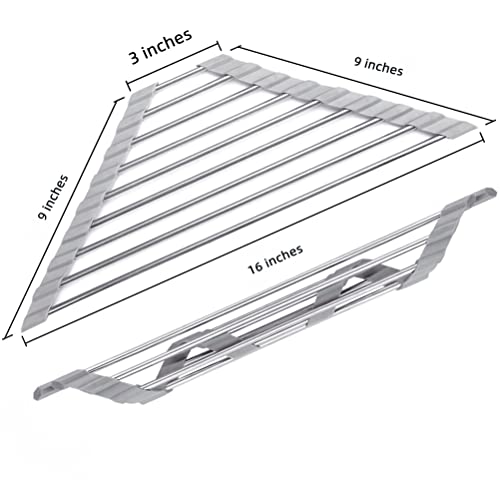 Fafcitvz Triangle Dish Drying Rack Multipurpose Roll-up Drying Rack for Sink Corner Stainless Steel Over The Sink Corner Dish Drainer Mat for Kitchen (Black)