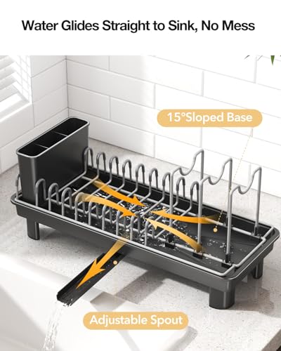 Nfnoyp Small Dish Drying Rack Carbon Steel Dish Rack Rustproof for Kitchen Counter Compact Dish Drainer with Adjustable Slots for Small Kitchens & Apartments 16.5×6.5×7inch Black