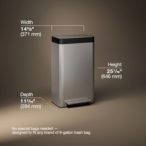 Kohler 20941-ST 8 Gallon Tall Hands-Free Kitchen Step Can, Trash Can with Foot Pedal, Quiet-Close Lid, Stainless Steel