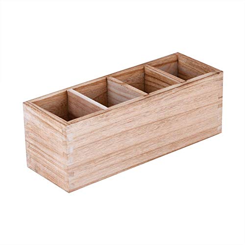 WuGeShop Wood Cutlery Caddy, Kitchen Utensil Organizer with 4 Compartments, Silverware Storage Kitchen Countertop Flatware Organizer